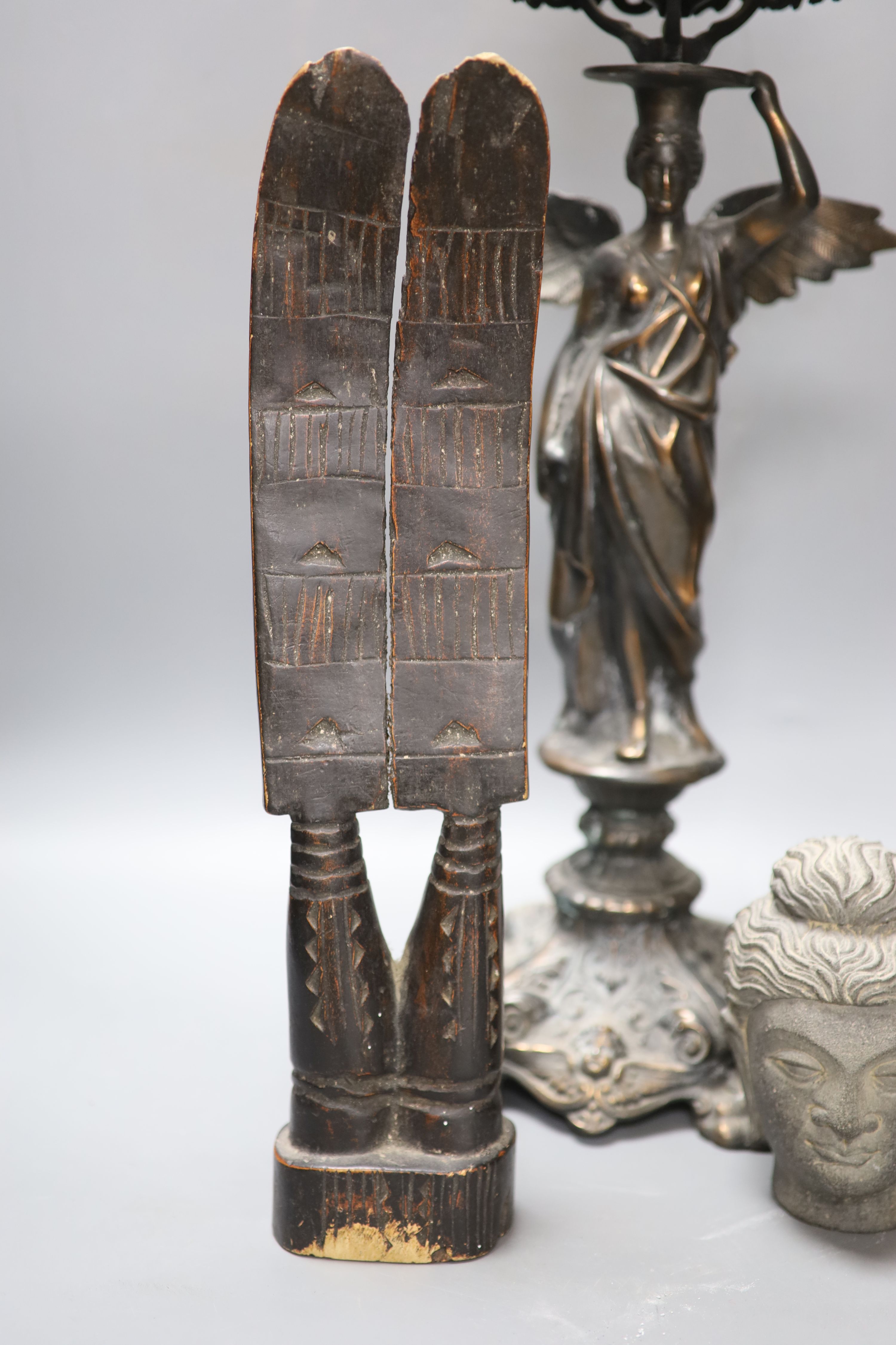 An oxidised copper figural table lamp, height 58cm, and three other items